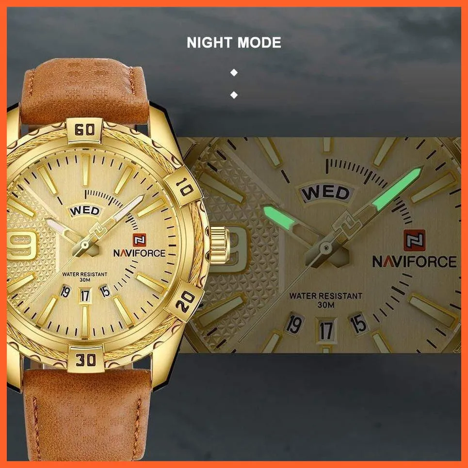 Men'S Watch Gold Luxury Sport Waterproof Military Wristwatch Clock Business Casual Leather Strap Watches For Men
