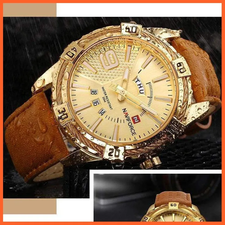 Men'S Watch Gold Luxury Sport Waterproof Military Wristwatch Clock Business Casual Leather Strap Watches For Men