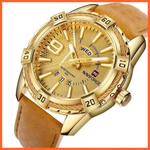 Men'S Watch Gold Luxury Sport Waterproof Military Wristwatch Clock Business Casual Leather Strap Watches For Men