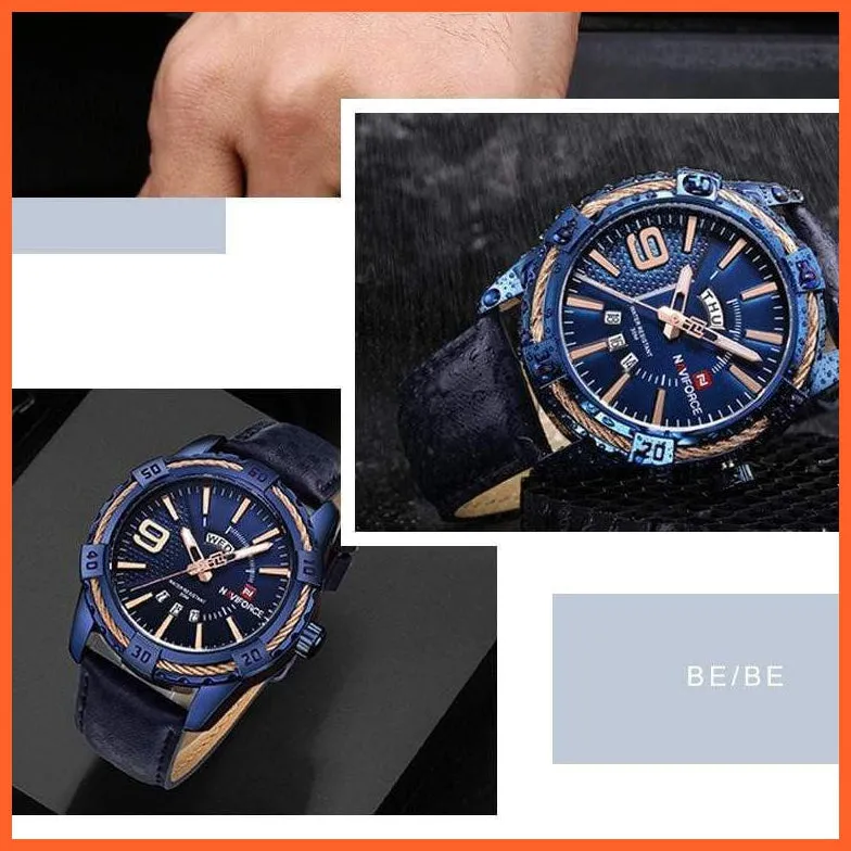 Men'S Watch Gold Luxury Sport Waterproof Military Wristwatch Clock Business Casual Leather Strap Watches For Men