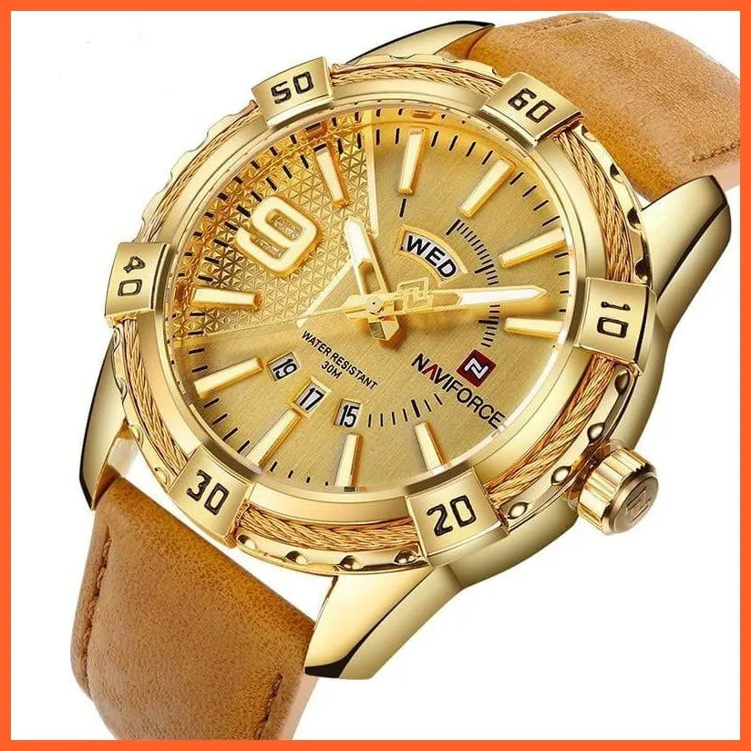 Men'S Watch Gold Luxury Sport Waterproof Military Wristwatch Clock Business Casual Leather Strap Watches For Men