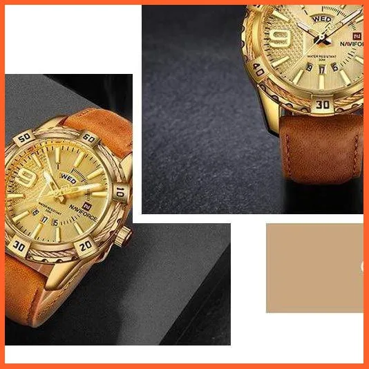 Men'S Watch Gold Luxury Sport Waterproof Military Wristwatch Clock Business Casual Leather Strap Watches For Men