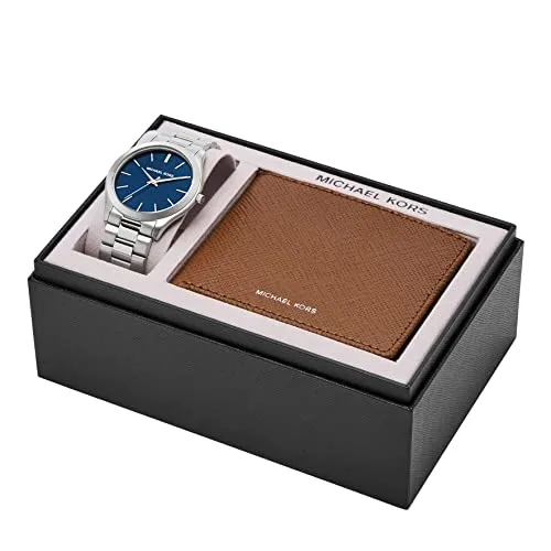 Michael Kors Slim Runway Three-Hand Stainless Steel Men's Watch and Brown Leather Wallet Gift Set (Model: MK1060SET)