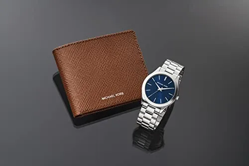 Michael Kors Slim Runway Three-Hand Stainless Steel Men's Watch and Brown Leather Wallet Gift Set (Model: MK1060SET)