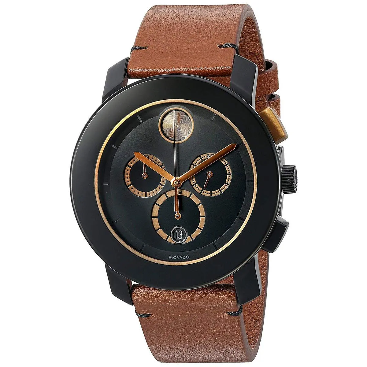 Movado Men's Chronograph Watch - Bold Black Dial Brown Leather Strap | 3600348