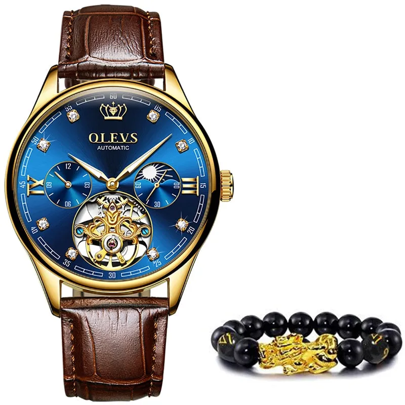 OLEVS Classic Men's Mechanical Watches Automatic Watch Tourbillon Clock Genuine Leather Waterproof Wristwatch