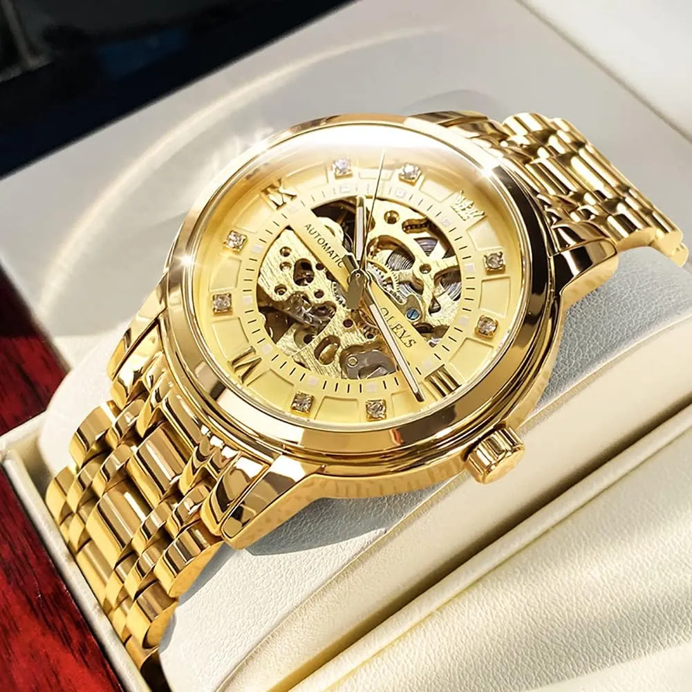 OLEVS Mens Automatic Watch Skeleton Diamond Luxury Mechanical Self Winding Dress Wrist Watch Waterproof Luminous