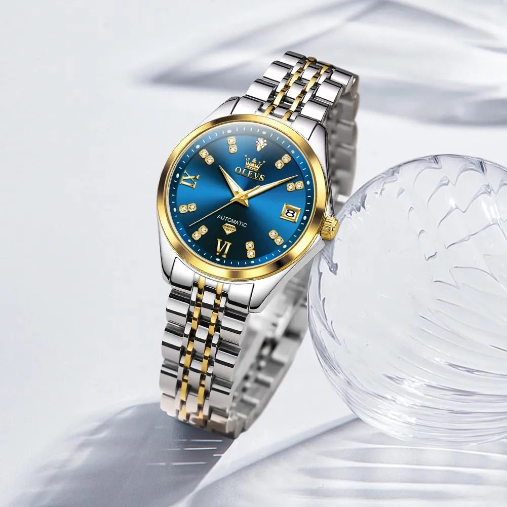 OLEVS Womens Automatic Watch Diamond Luxury Date Ladies Dress Classic Self Winding Wrist Watches Luminous Waterproof
