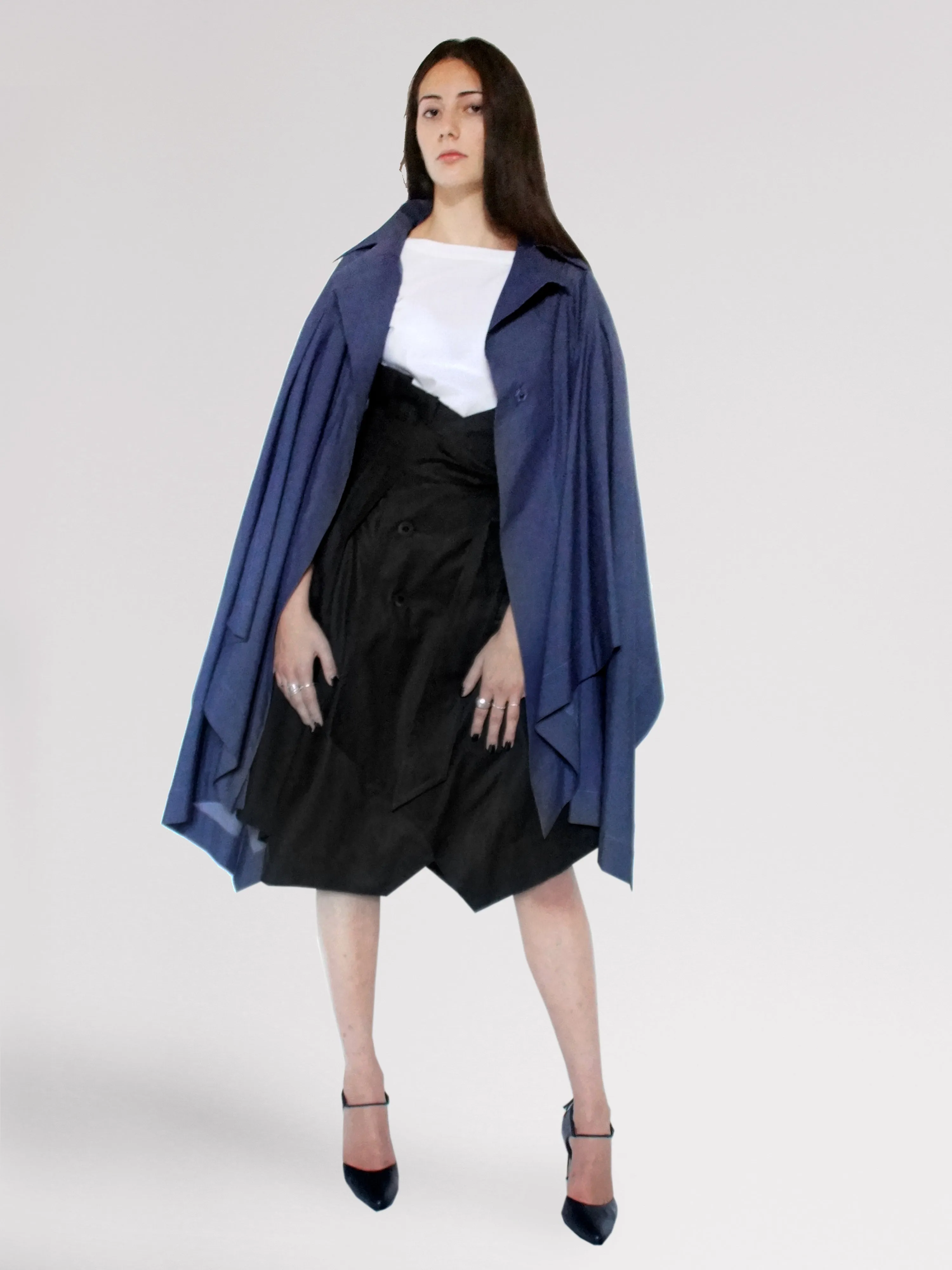 Origami Stain Collar Denim Cape  Navy Light Design