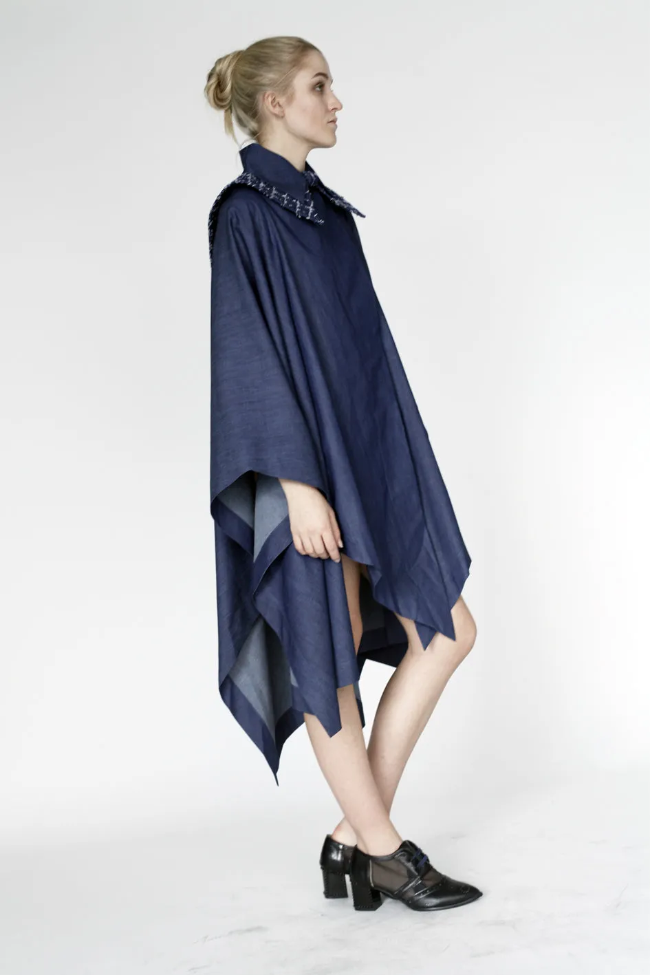 Origami Stain Collar Denim Cape  Navy Light Design