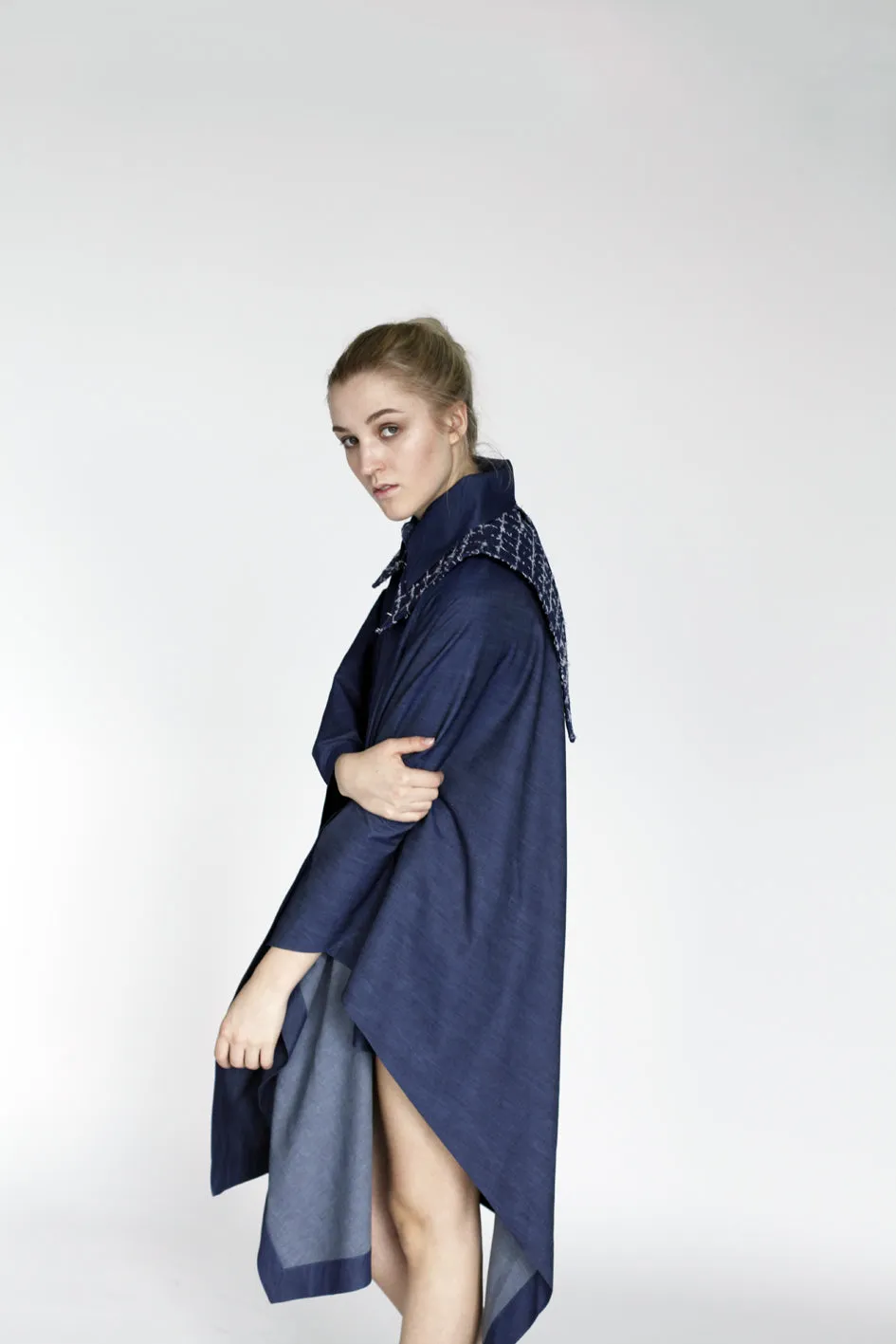 Origami Stain Collar Denim Cape  Navy Light Design