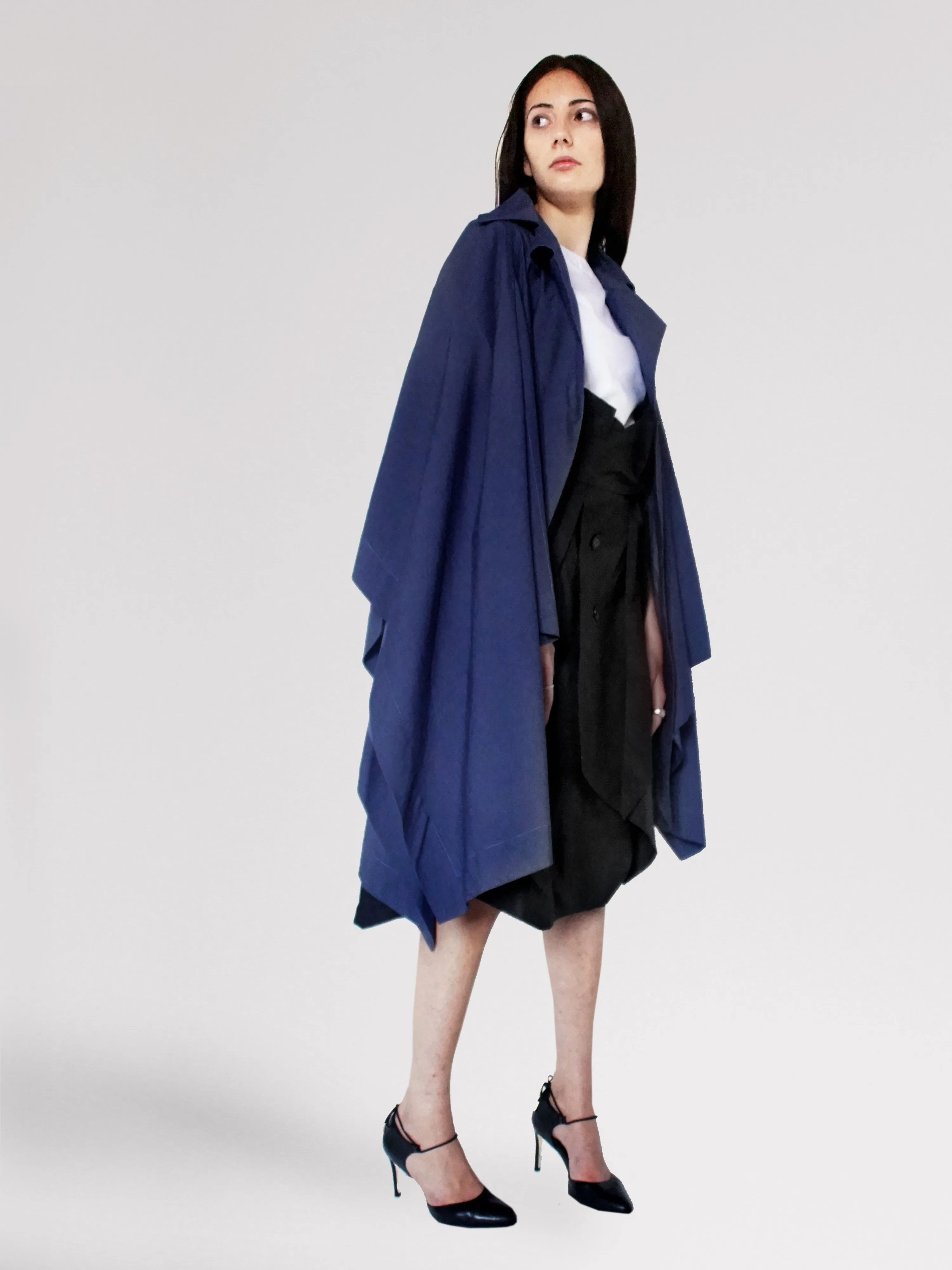Origami Stain Collar Denim Cape  Navy Light Design