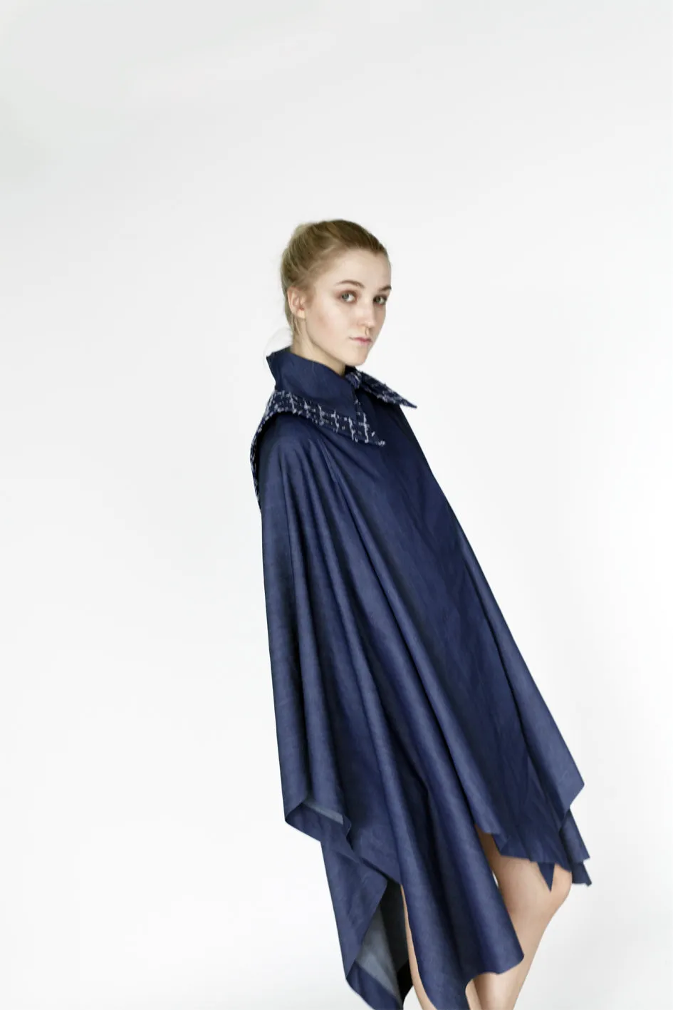 Origami Stain Collar Denim Cape  Navy Light Design