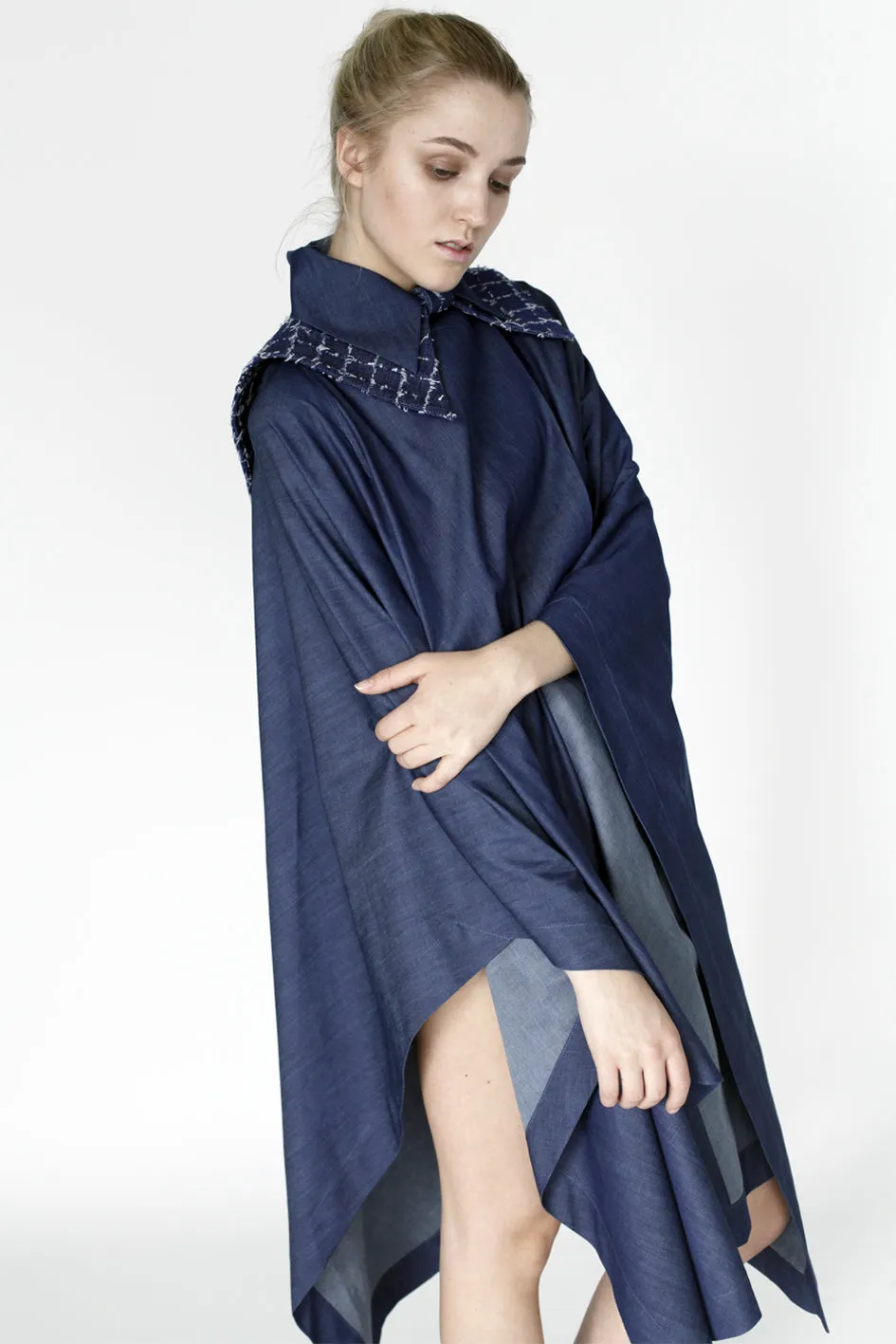 Origami Stain Collar Denim Cape  Navy Light Design
