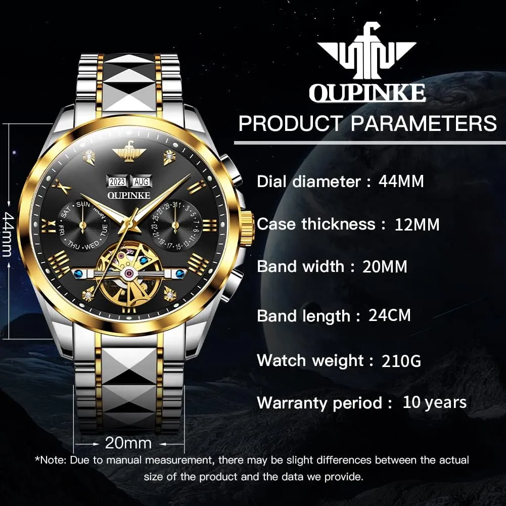 OUPINKE Automatic Watches for Men Skeleton Mechanical Self Winding Luxury Business Dress Wrist Watch Diamond Tungsten Steel Sapphire Crystal Calendar Waterproof Luminous
