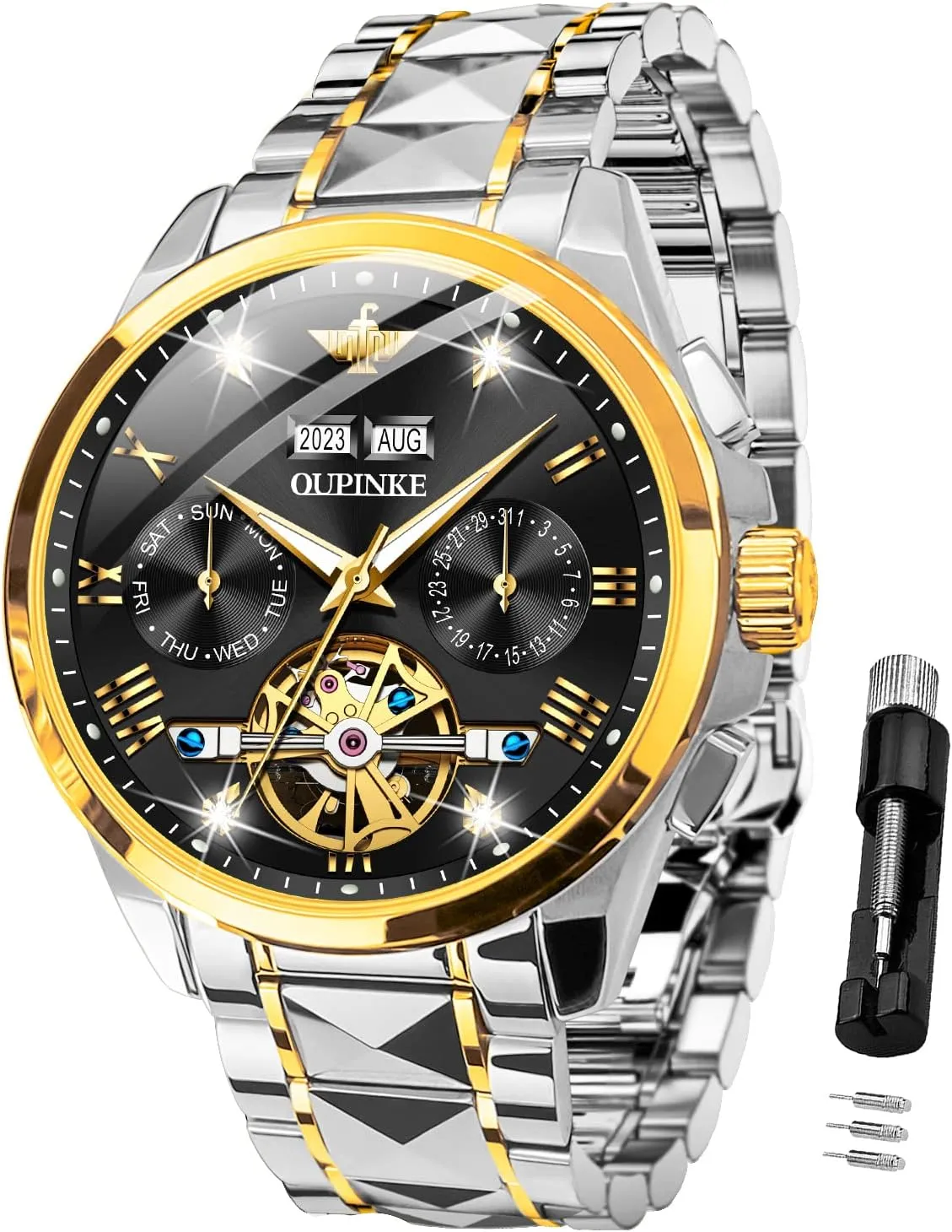 OUPINKE Automatic Watches for Men Skeleton Mechanical Self Winding Luxury Business Dress Wrist Watch Diamond Tungsten Steel Sapphire Crystal Calendar Waterproof Luminous
