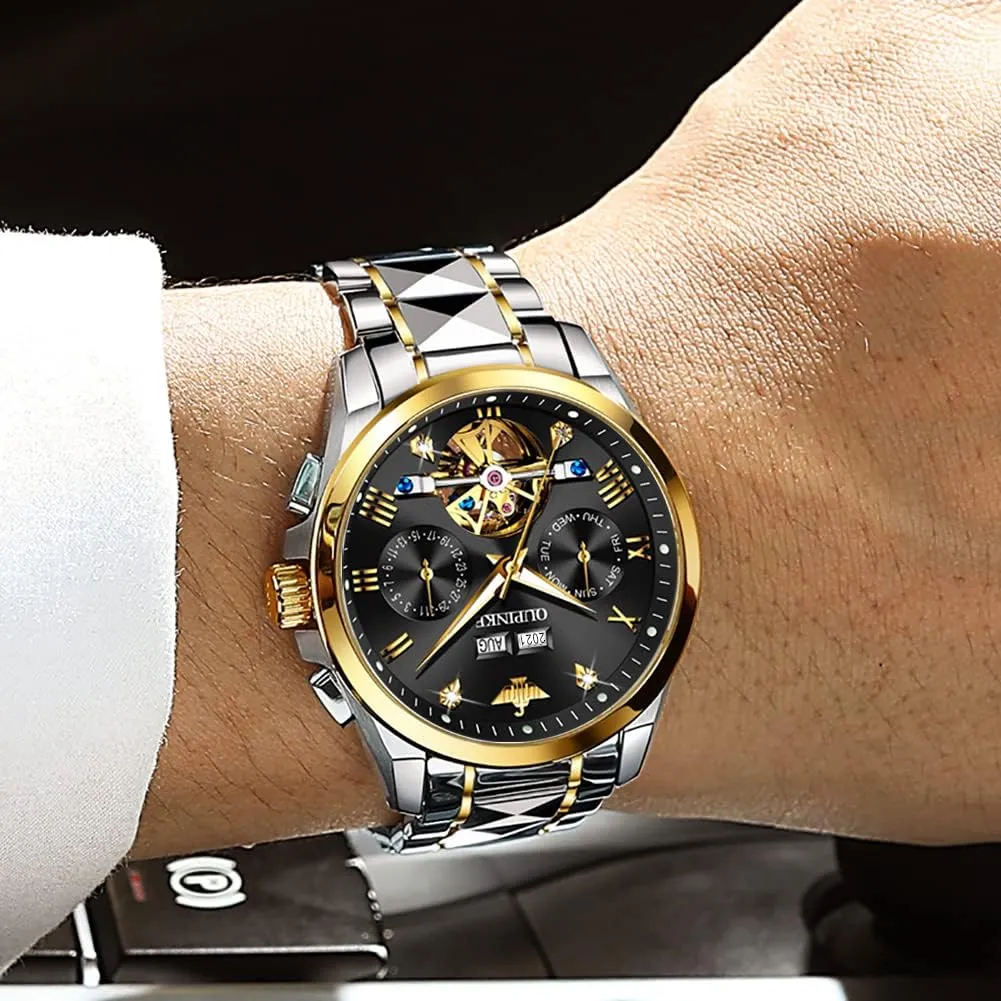 OUPINKE Automatic Watches for Men Skeleton Mechanical Self Winding Luxury Business Dress Wrist Watch Diamond Tungsten Steel Sapphire Crystal Calendar Waterproof Luminous