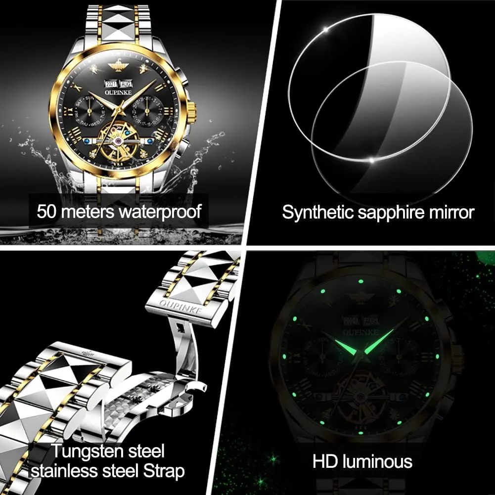 OUPINKE Automatic Watches for Men Skeleton Mechanical Self Winding Luxury Business Dress Wrist Watch Diamond Tungsten Steel Sapphire Crystal Calendar Waterproof Luminous