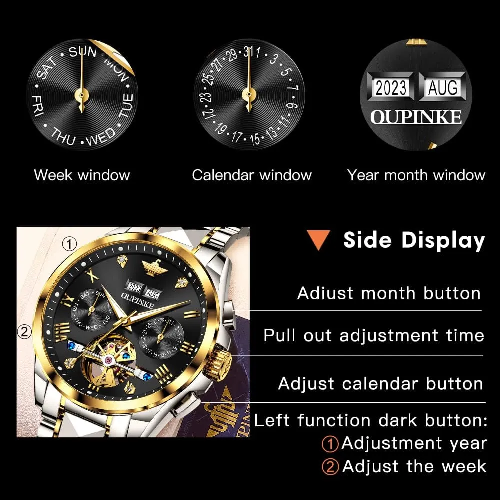 OUPINKE Automatic Watches for Men Skeleton Mechanical Self Winding Luxury Business Dress Wrist Watch Diamond Tungsten Steel Sapphire Crystal Calendar Waterproof Luminous