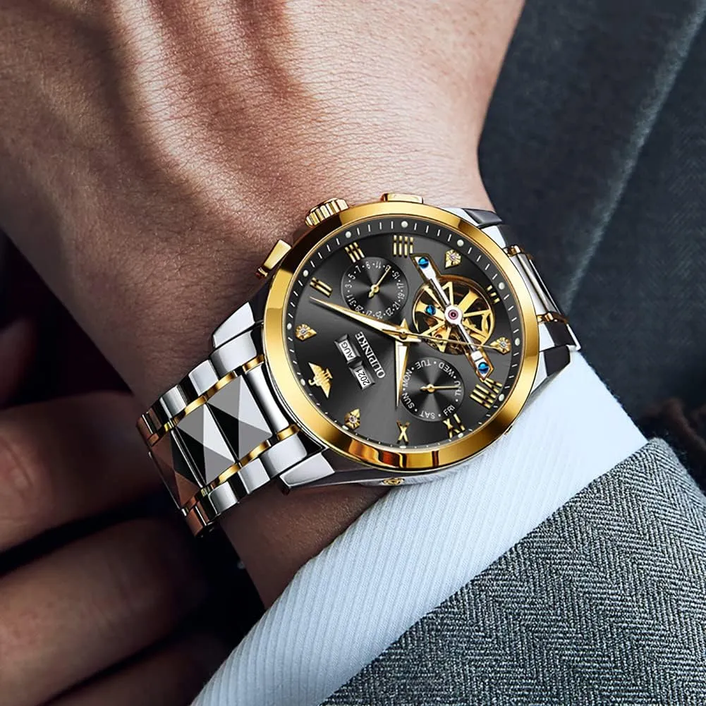 OUPINKE Automatic Watches for Men Skeleton Mechanical Self Winding Luxury Business Dress Wrist Watch Diamond Tungsten Steel Sapphire Crystal Calendar Waterproof Luminous