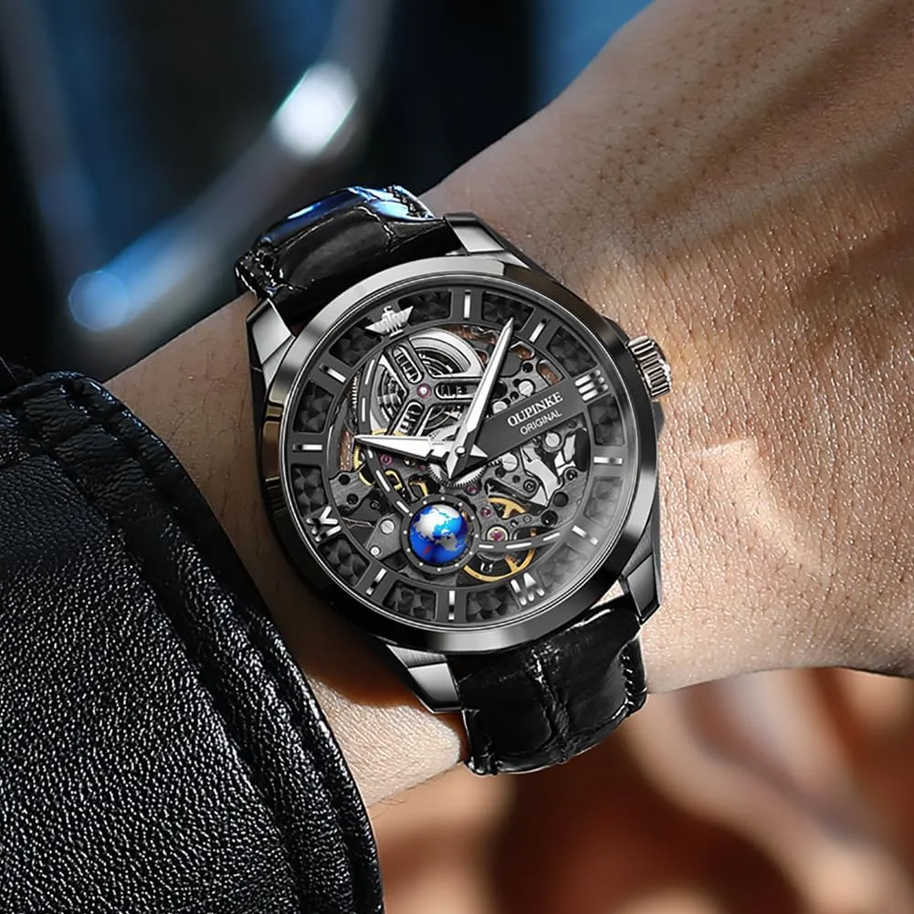 OUPINKE Skeleton Mens Automatic Watches Mechanical Luxury Dress Leather Self Winding Waterproof 50M/5ATM Luminous Watches for Men