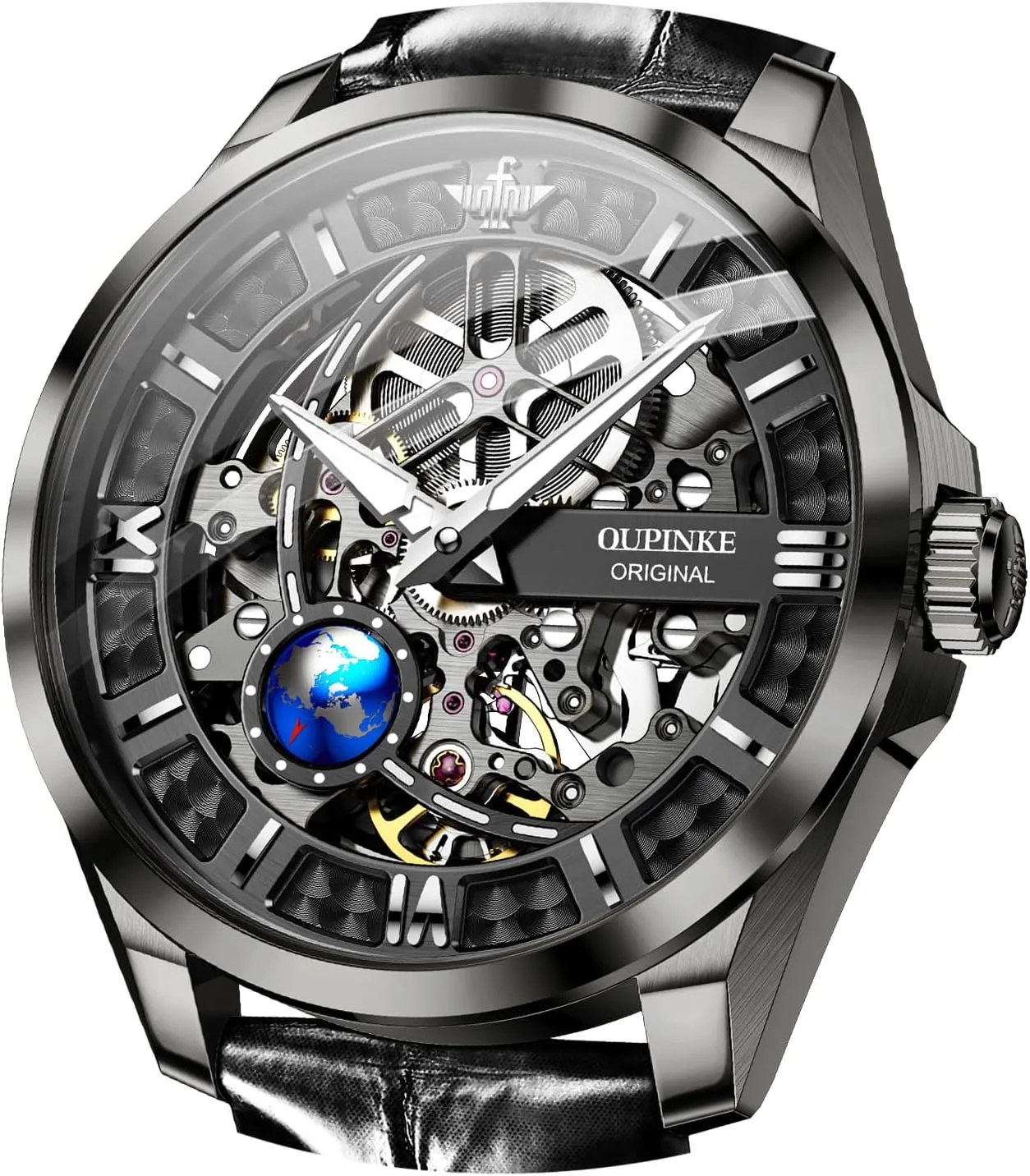 OUPINKE Skeleton Mens Automatic Watches Mechanical Luxury Dress Leather Self Winding Waterproof 50M/5ATM Luminous Watches for Men