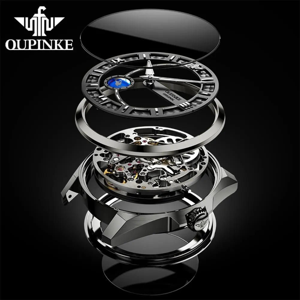 OUPINKE Skeleton Mens Automatic Watches Mechanical Luxury Dress Leather Self Winding Waterproof 50M/5ATM Luminous Watches for Men