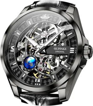 OUPINKE Skeleton Mens Automatic Watches Mechanical Luxury Dress Leather Self Winding Waterproof 50M/5ATM Luminous Watches for Men
