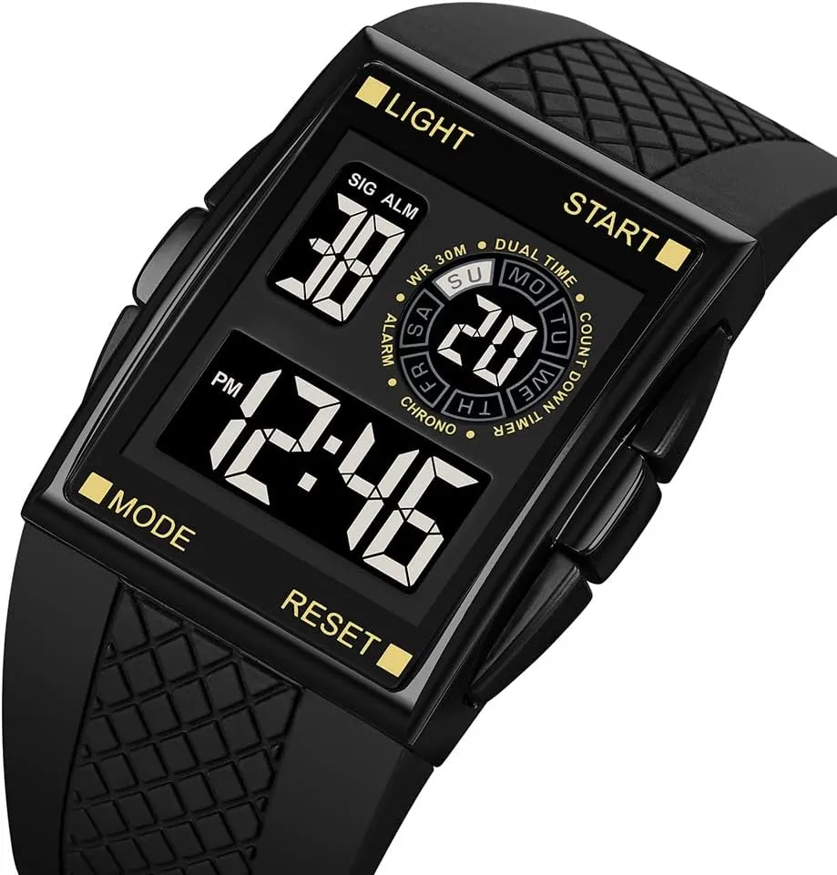 PASOY Unisex Digital Bracelet Watch Backlight Mens Women Square Alarm LED Black Rubber Watchband Sports Outdoor Waterproof Watch
