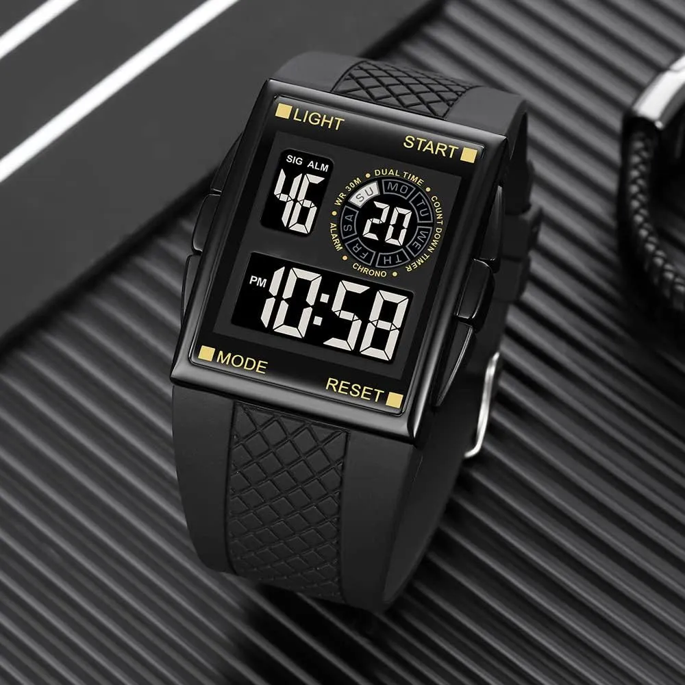 PASOY Unisex Digital Bracelet Watch Backlight Mens Women Square Alarm LED Black Rubber Watchband Sports Outdoor Waterproof Watch
