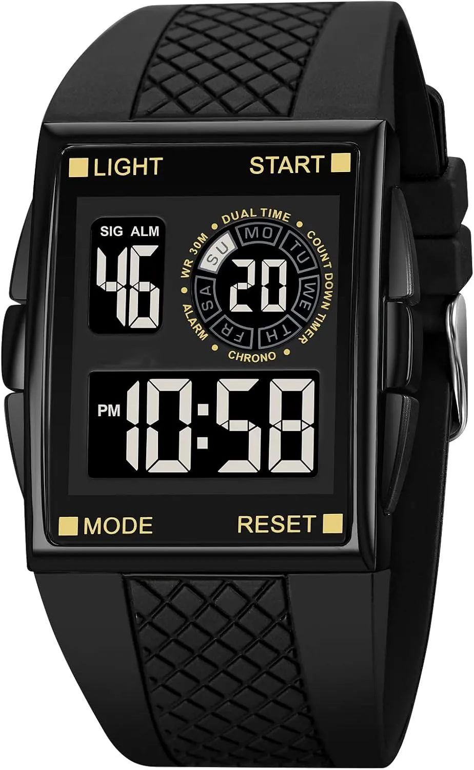 PASOY Unisex Digital Bracelet Watch Backlight Mens Women Square Alarm LED Black Rubber Watchband Sports Outdoor Waterproof Watch