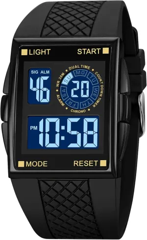 PASOY Unisex Digital Bracelet Watch Backlight Mens Women Square Alarm LED Black Rubber Watchband Sports Outdoor Waterproof Watch