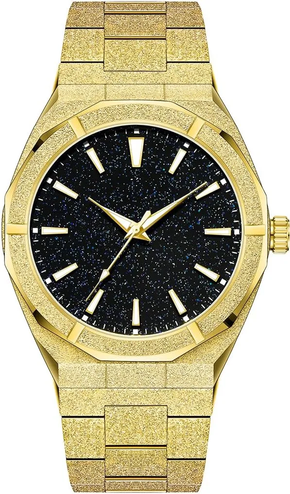 PINTIME Fashion Mens Watch Frosted Star Dust Dial Stainless Steel Quartz Analog 41MM Stylish Business Waterproof Watches for Men