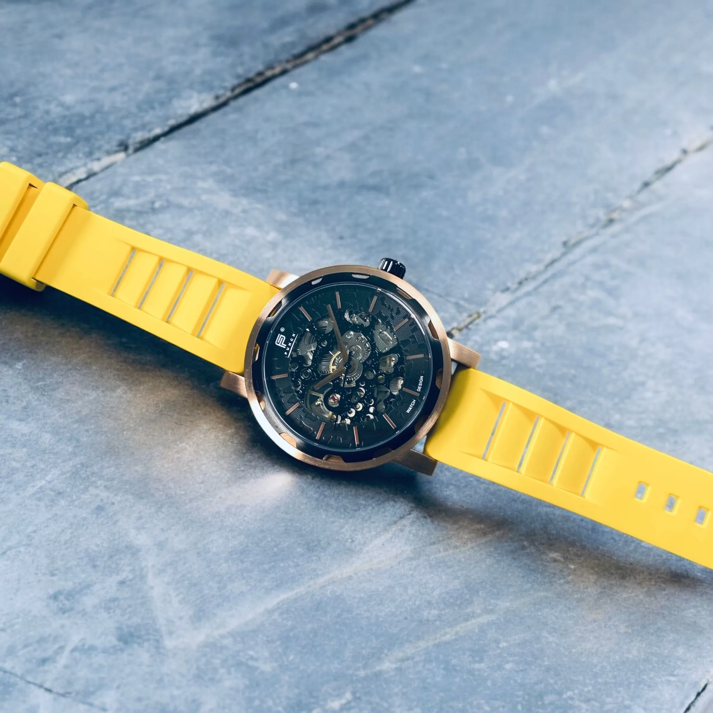PUNCH Mens Watch, Rose Gold & Black Skeleton Automatic Watch - Yellow Rubber Strap