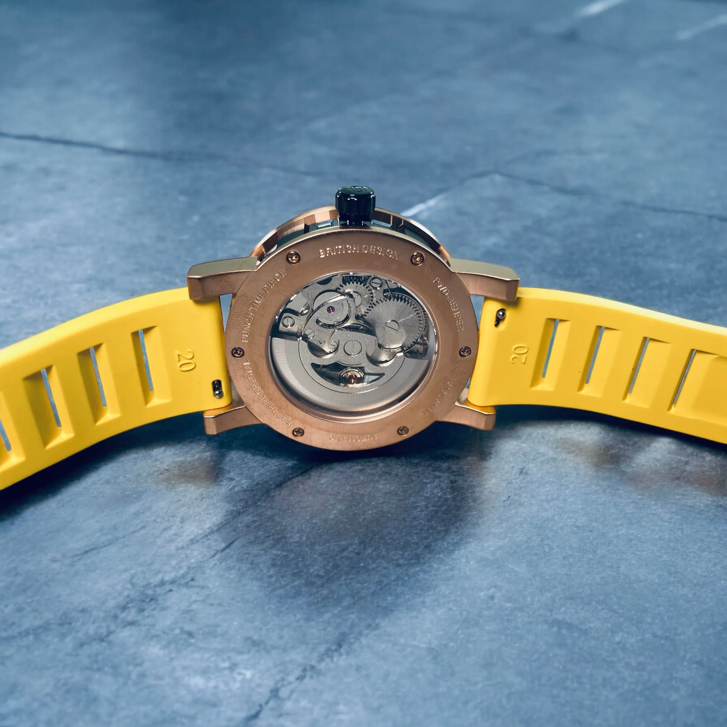 PUNCH Mens Watch, Rose Gold & Black Skeleton Automatic Watch - Yellow Rubber Strap