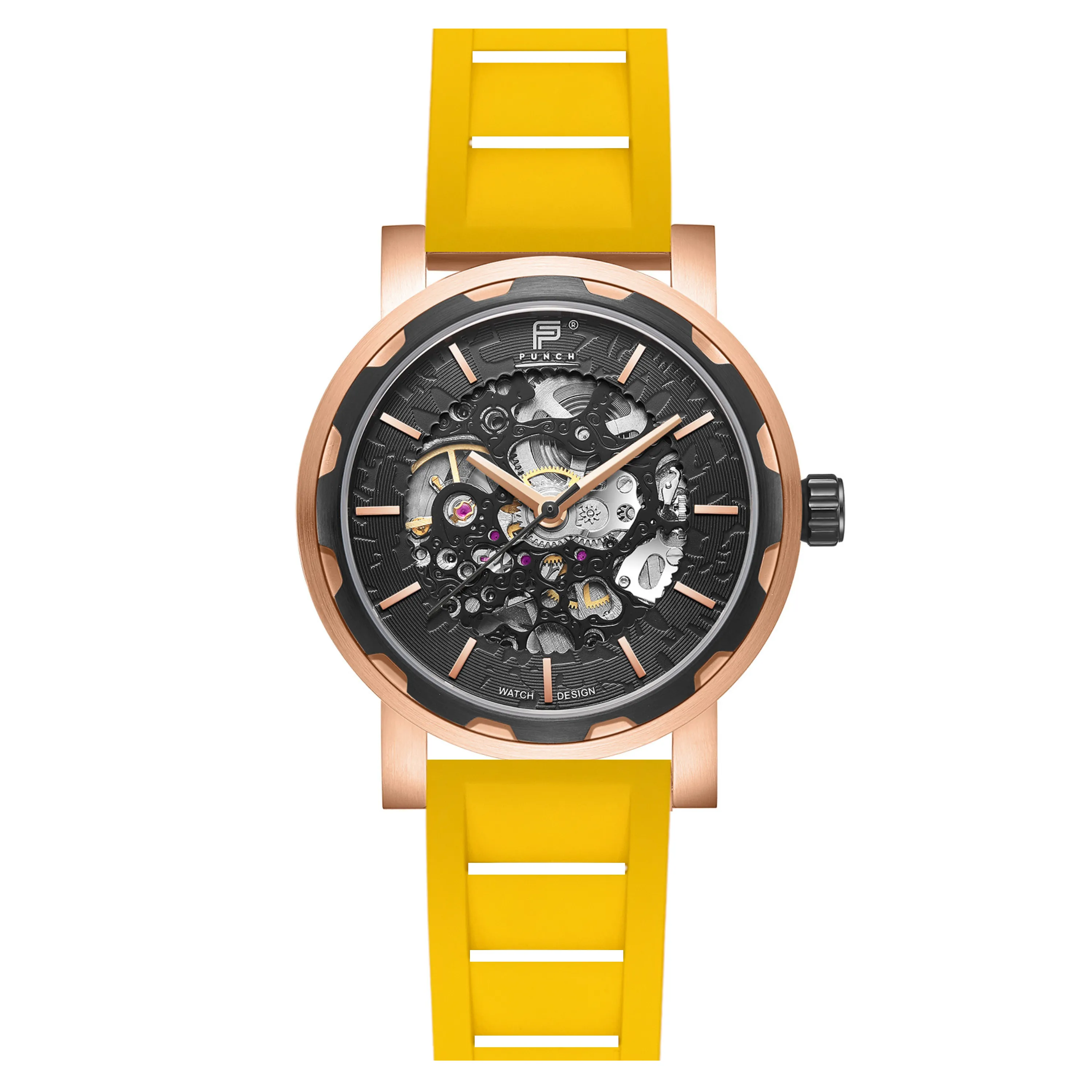 PUNCH Mens Watch, Rose Gold & Black Skeleton Automatic Watch - Yellow Rubber Strap