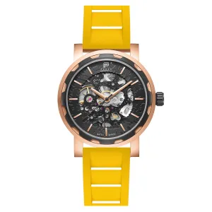 PUNCH Mens Watch, Rose Gold & Black Skeleton Automatic Watch - Yellow Rubber Strap