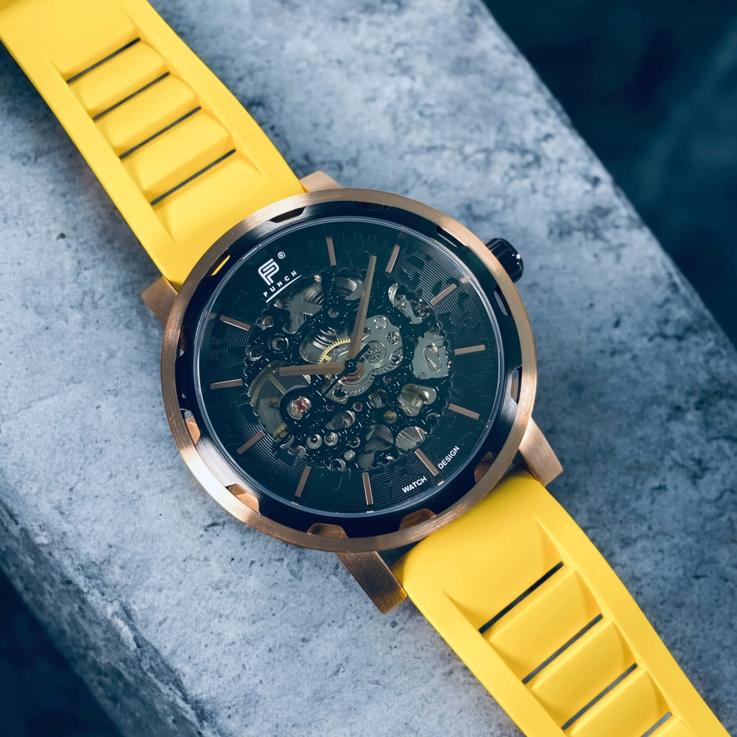 PUNCH Mens Watch, Rose Gold & Black Skeleton Automatic Watch - Yellow Rubber Strap