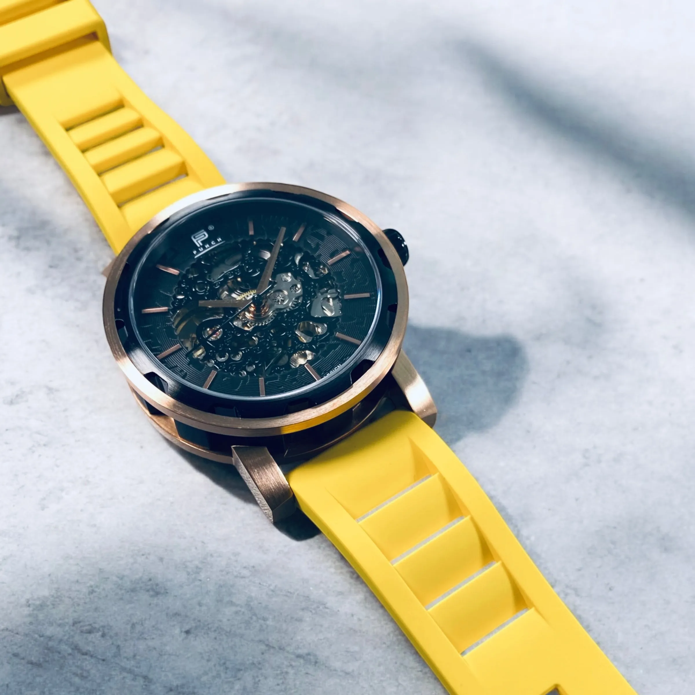 PUNCH Mens Watch, Rose Gold & Black Skeleton Automatic Watch - Yellow Rubber Strap