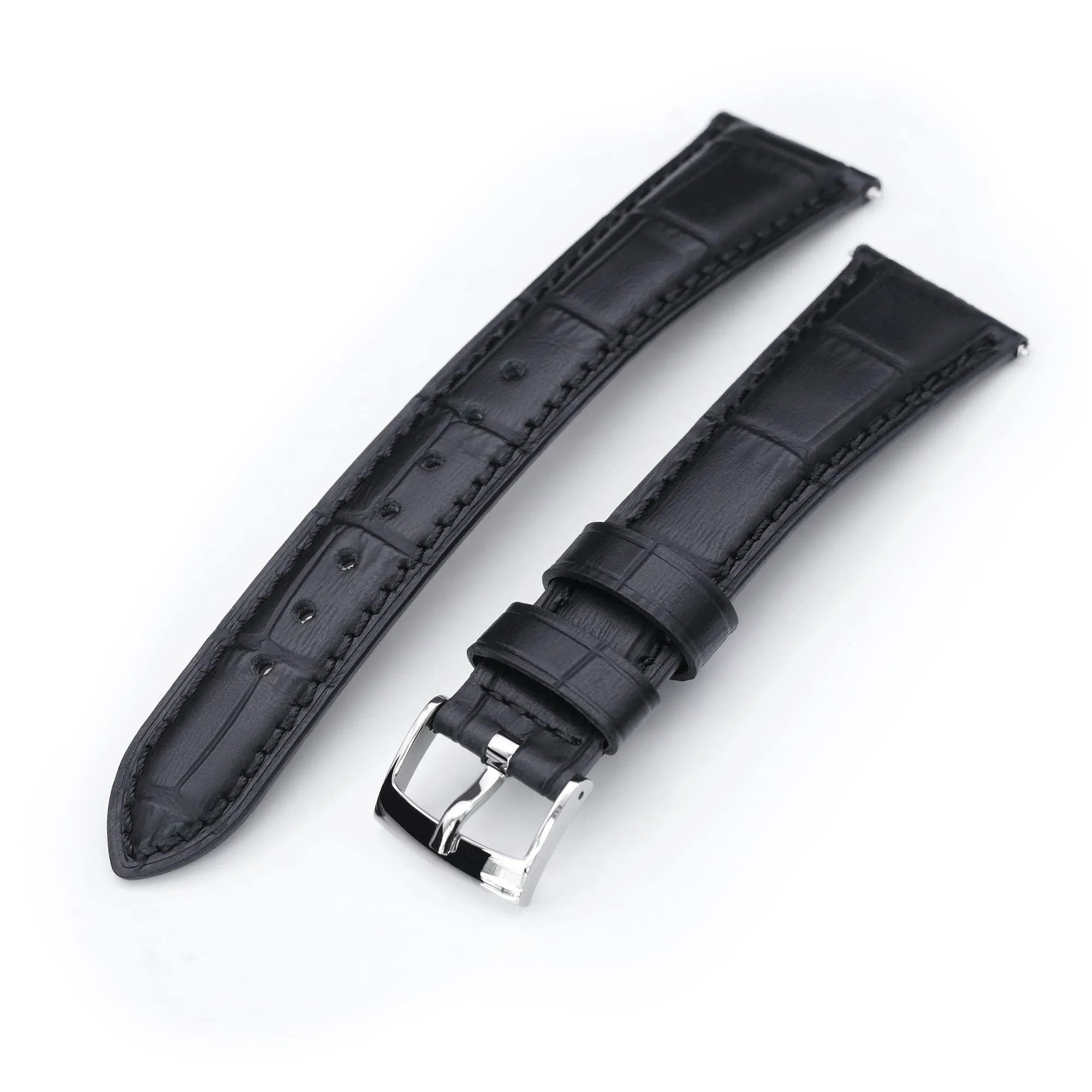 Q.R. 19mm or 21mm Black CrocoCalf (Croco Grain) Semi-Curved Watch Band