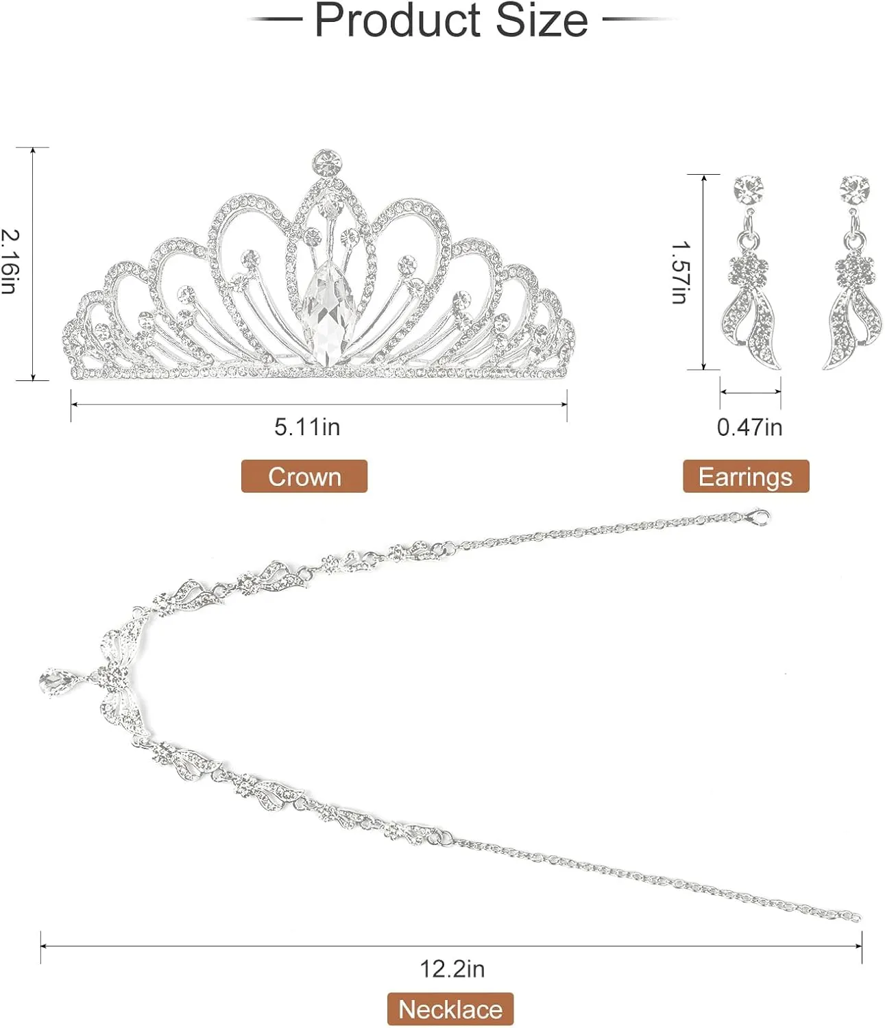 Quinceanera Crowns,Crystal CrownRhinestone Necklace Dangle Earrings Link Bracelet Set Queen Crowns for Bridal Wedding Prom, Birthday Party, Silver Jewelry Set for Women