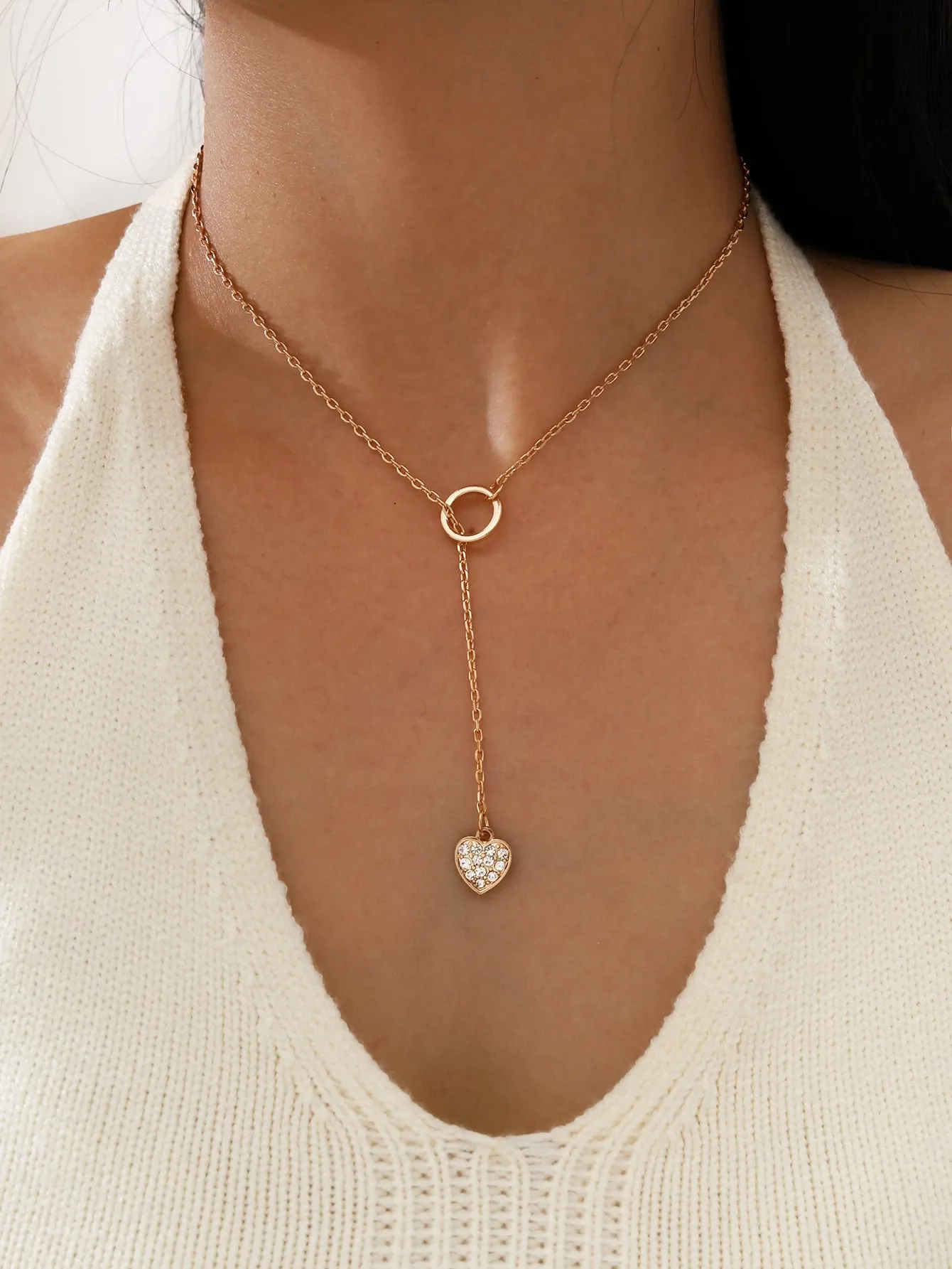 Rhinestone Heart Charm Y Lariat Necklace Jewelry for Women Gift for Her Necklace