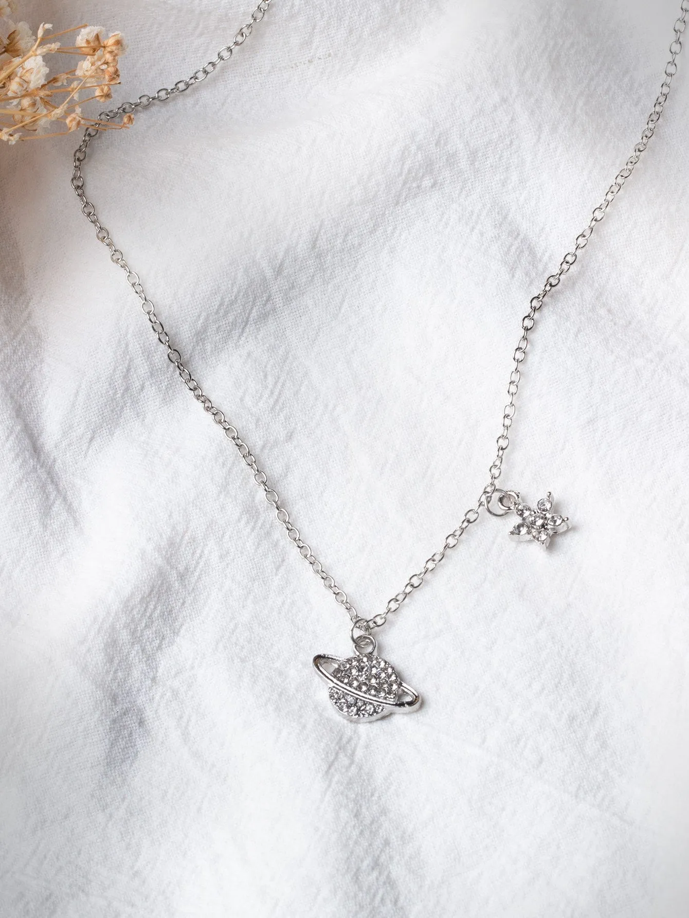 Rhinestone Planet Charm Necklace
