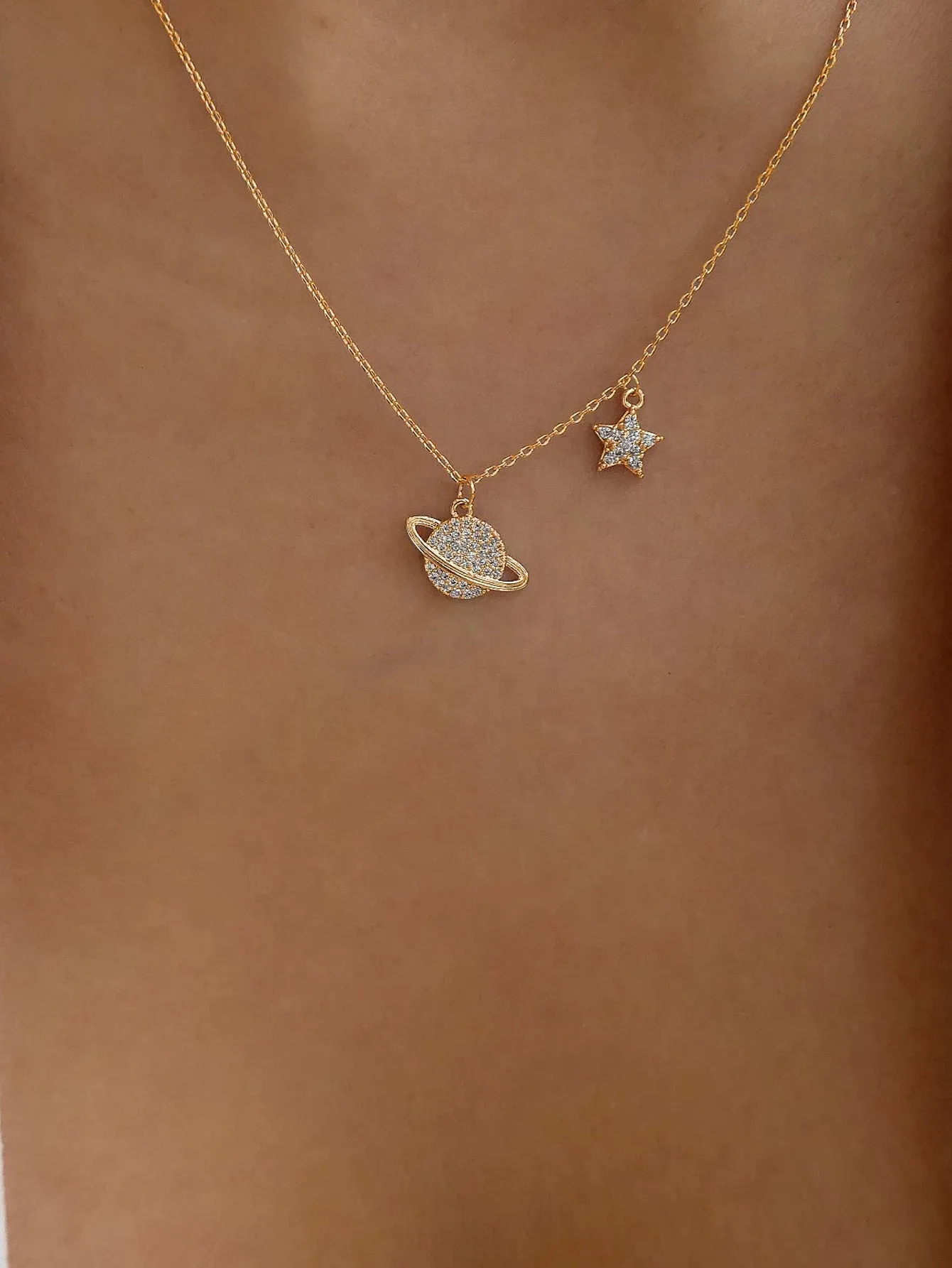 Rhinestone Planet Charm Necklace