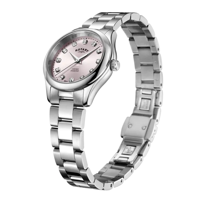 Rotary Ladies Stainless Steel Pink Dial & Diamond Watch