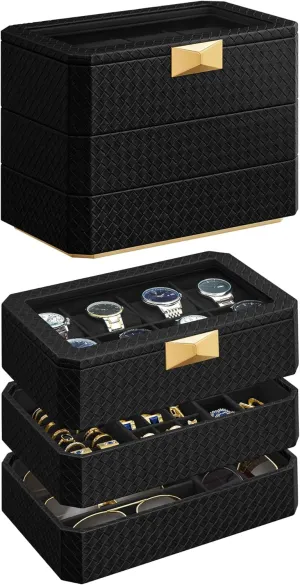 SONGMICS HOME RONNE Collection - 3-Tier Watch Box, Stackable 8-Slot Watch Case, Woven Embossed PU Leather, Floating Effect, Gift Idea, Ink Black Surface, Ink Black Lining UJWB021B01