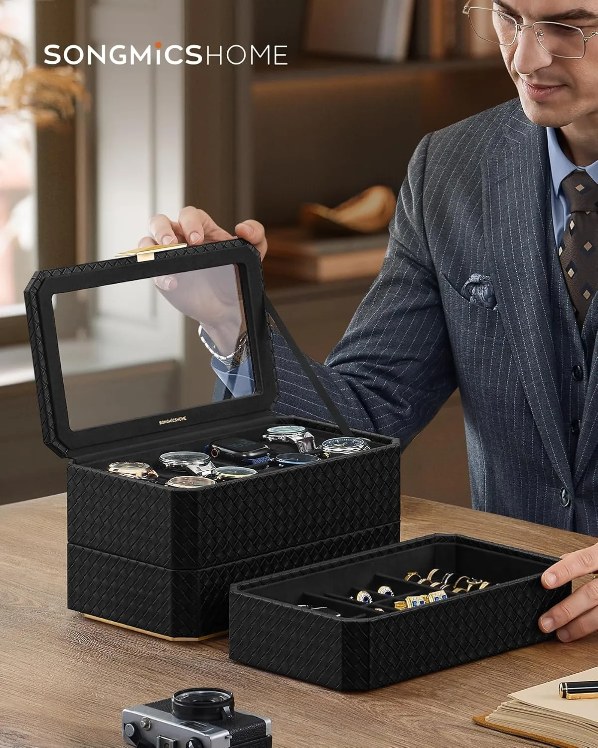 SONGMICS HOME RONNE Collection - 3-Tier Watch Box, Stackable 8-Slot Watch Case, Woven Embossed PU Leather, Floating Effect, Gift Idea, Ink Black Surface, Ink Black Lining UJWB021B01