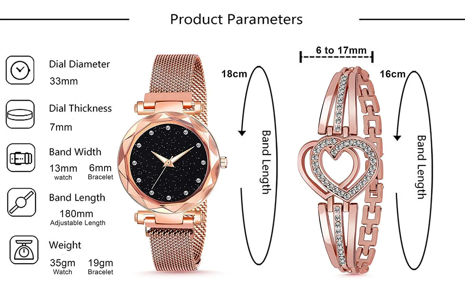 SWADESI STUFF Multicolor Metal Strap Magnet Watch & Heart Shape Diamond Bracelet Combo for Women & Girls (Rose Gold)