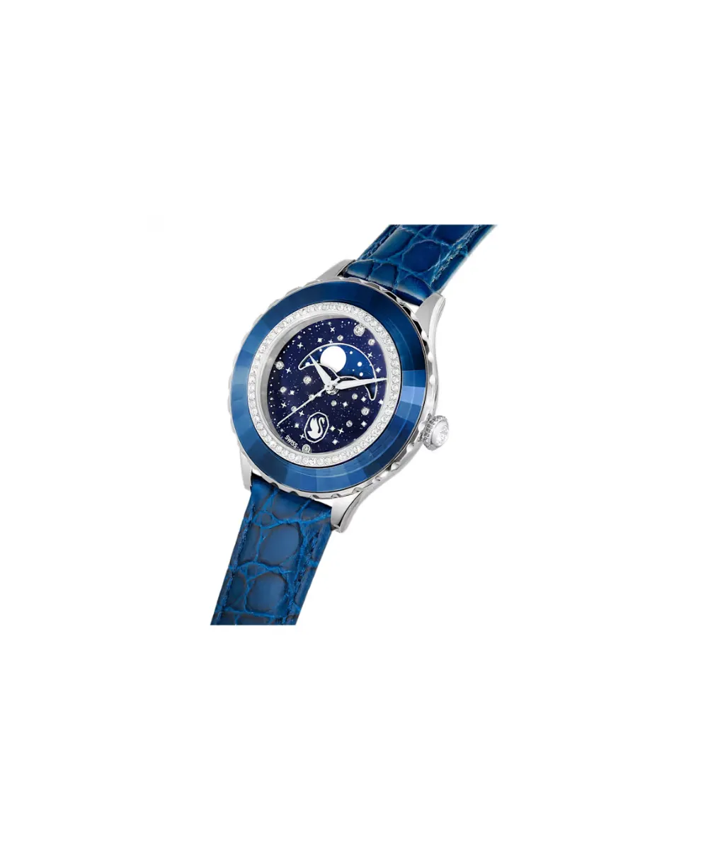 SWAROVSKI OCTEA MOON WATCH, SWISS MADE, MOON, LEATHER STRAP, BLUE, BLUE FINISH