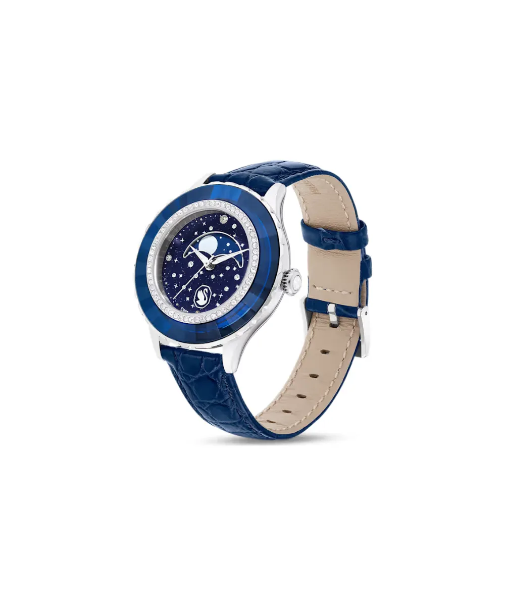 SWAROVSKI OCTEA MOON WATCH, SWISS MADE, MOON, LEATHER STRAP, BLUE, BLUE FINISH